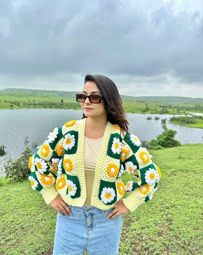 Handmade Crochet Daisy Cardigan, Floral Granny Square Sweater, Cottagecore Style
