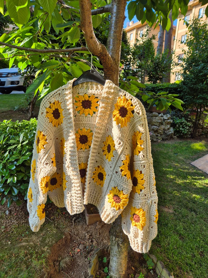 Handmade Crochet Sunflower Cardigan - Boho Floral Sweater, Eco-Friendly Cotton, Cozy Spring Festival Fashion