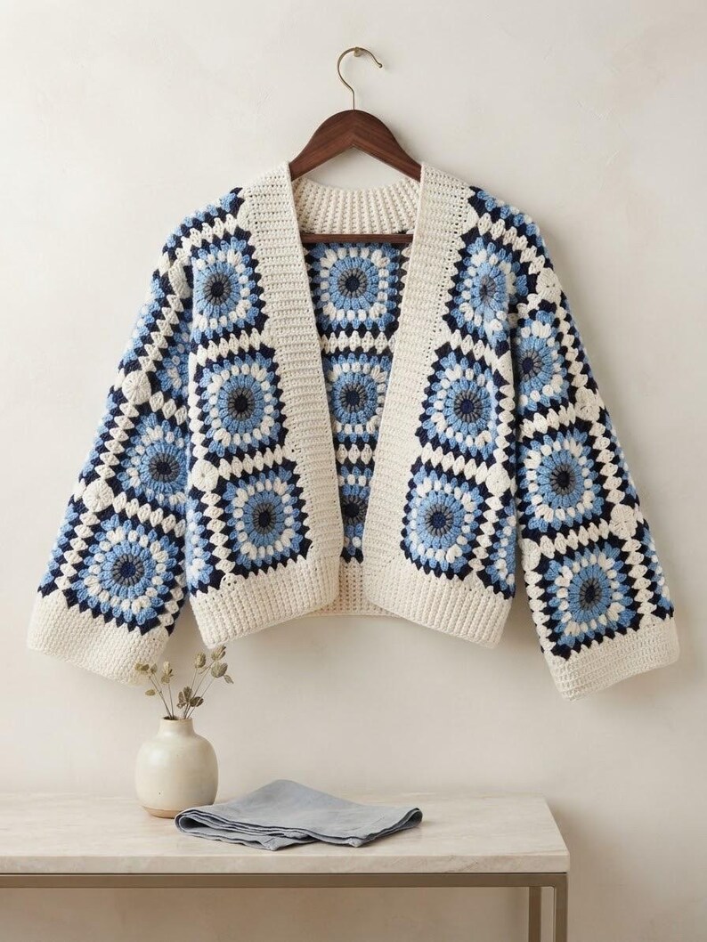 Crochet Granny Square Cardigan, Blue Boho Knit Sweater, Oversized Open Front Coat