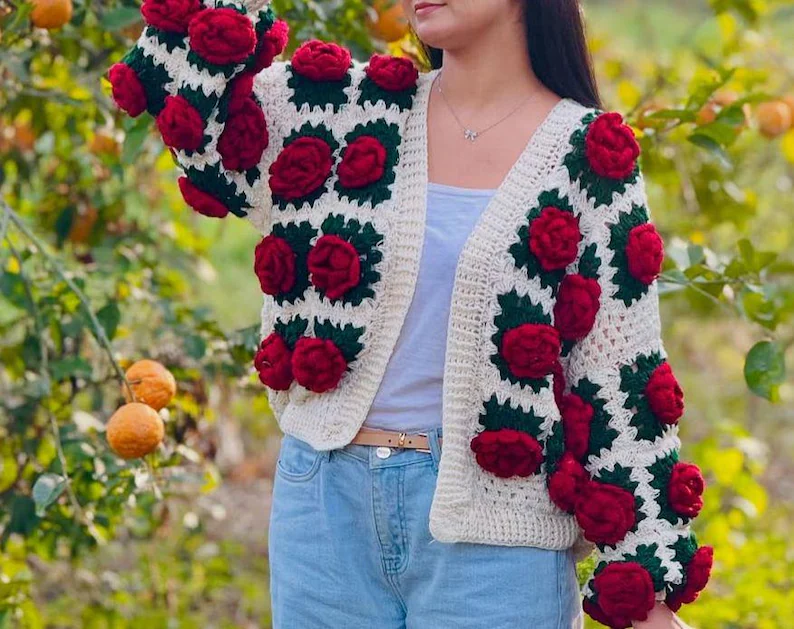 Handmade Crochet Rose Cardigan, 3D Floral Granny Square Sweater, Cottagecore Knitwear, Flower Jacket