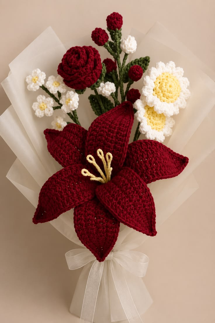 Handmade Crochet Lily Bouquet | Burgundy Flower Bouquet Aesthetic!