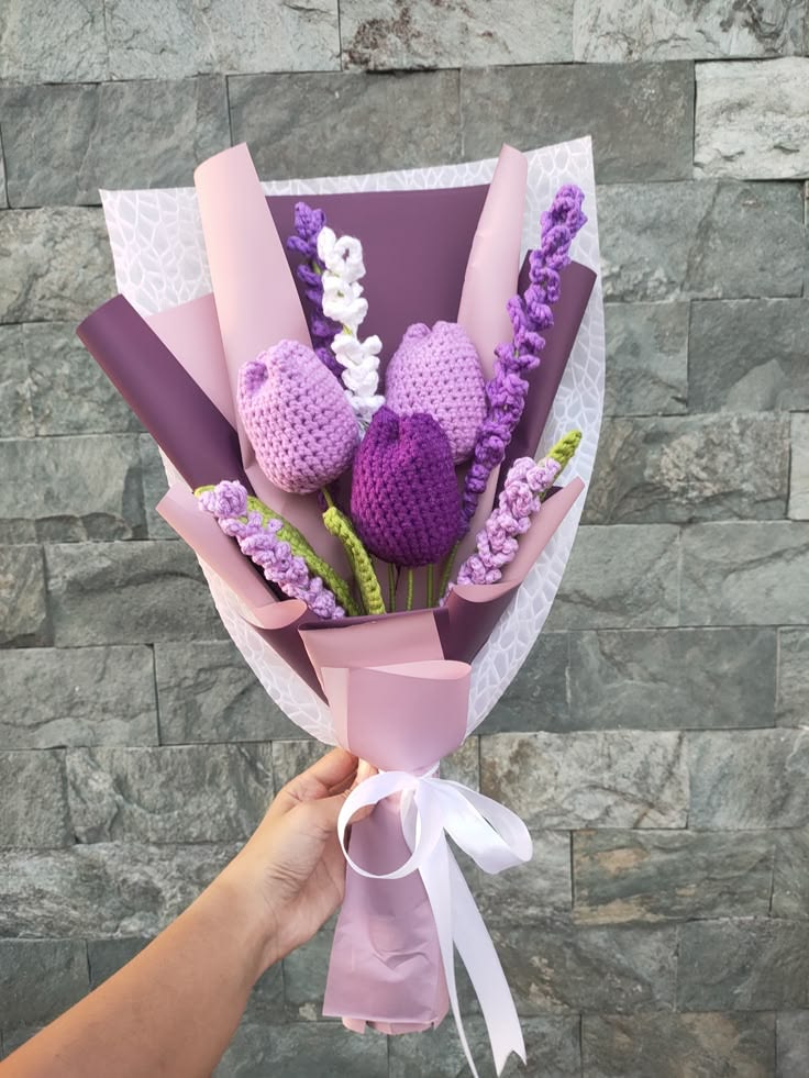 Purple Crochet Tulip & Lavender Flower Bouquet