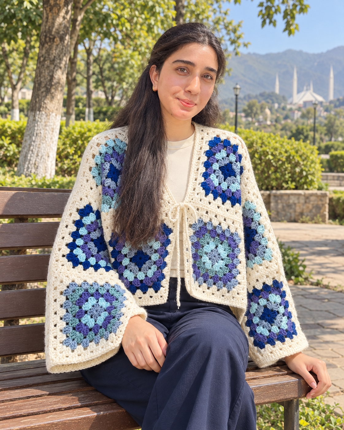 Handmade Granny Square Crochet Cardigan – Blue & Cream view 2