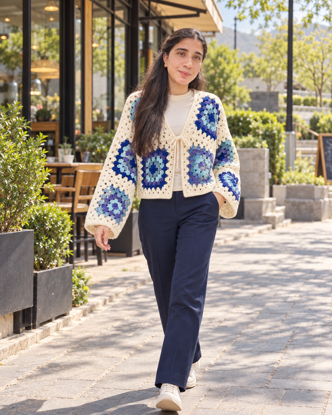 Handmade Granny Square Crochet Cardigan – Blue & Cream view 3