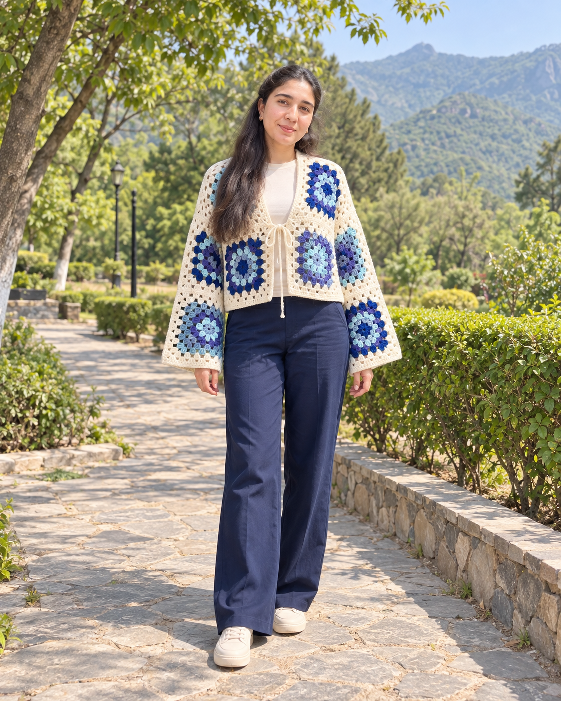 Handmade Granny Square Crochet Cardigan – Blue & Cream view 4