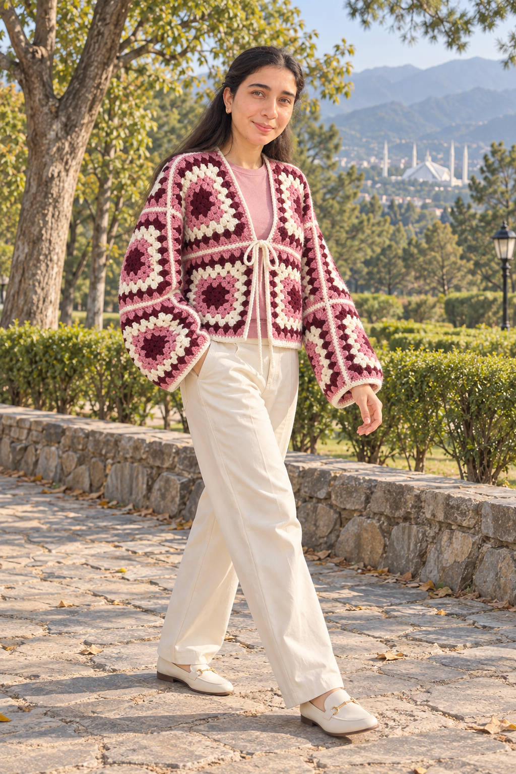 Handmade Granny Square Crochet Cardigan – Pink & Burgundy view 3