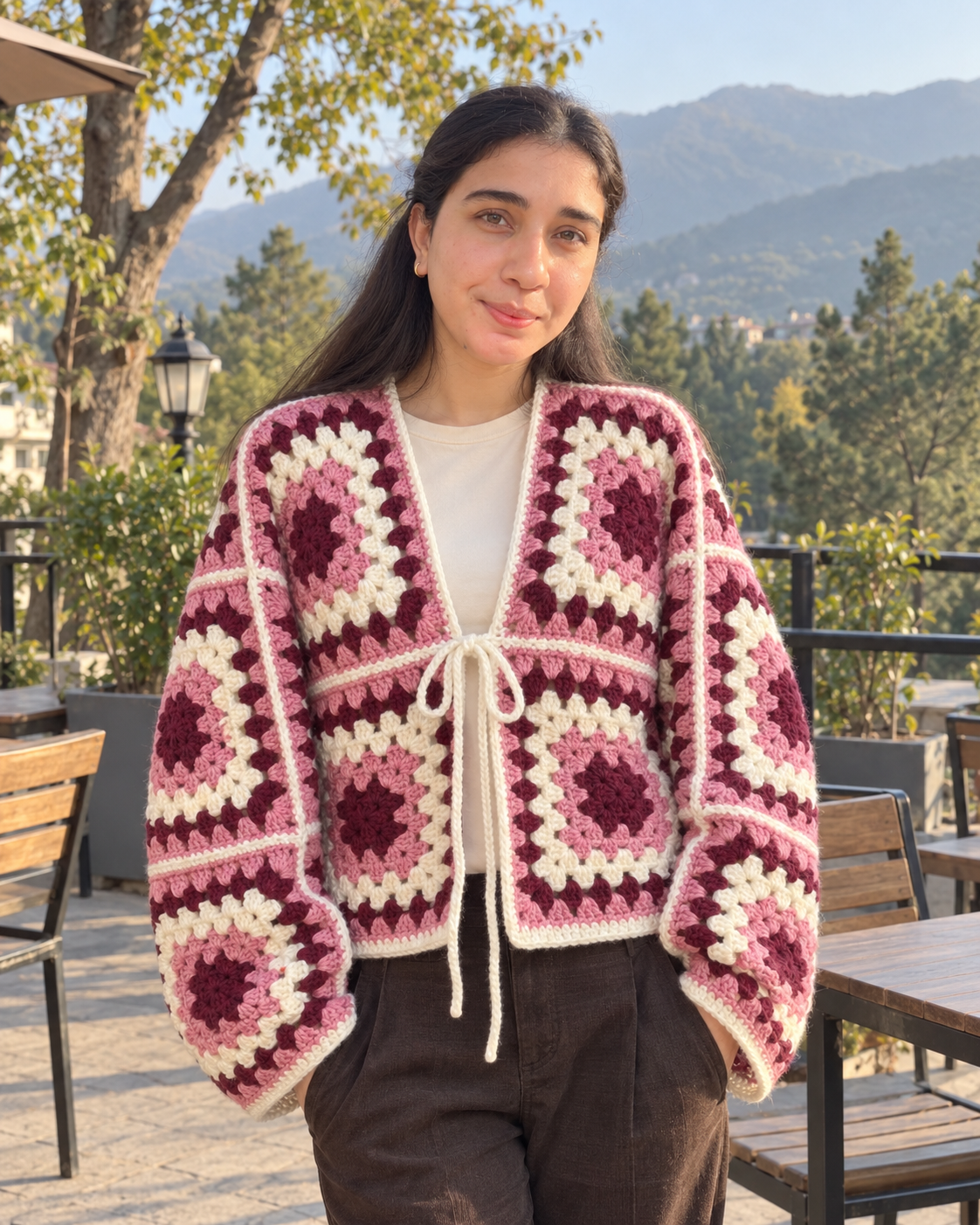 Handmade Granny Square Crochet Cardigan – Pink & Burgundy view 2