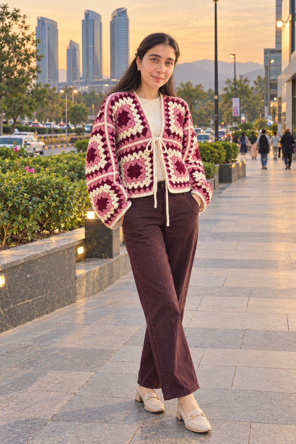 Handmade Granny Square Crochet Cardigan – Pink & Burgundy view 4