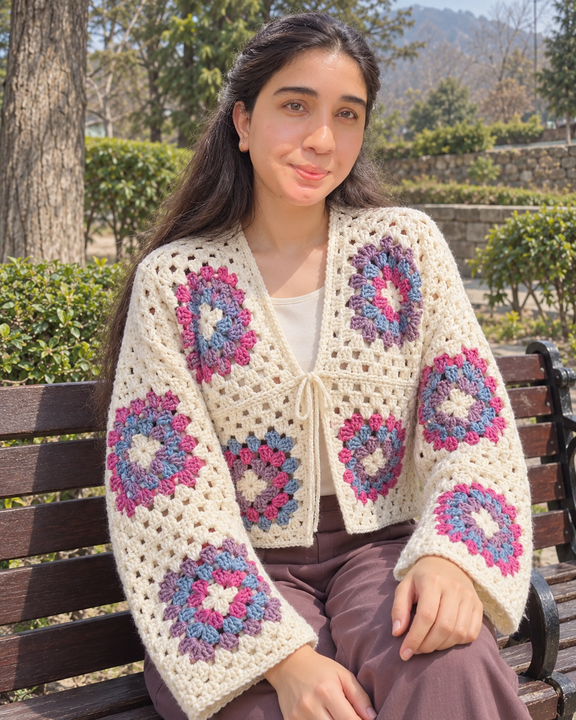 Handmade Floral Granny Square Crochet Cardigan view 3