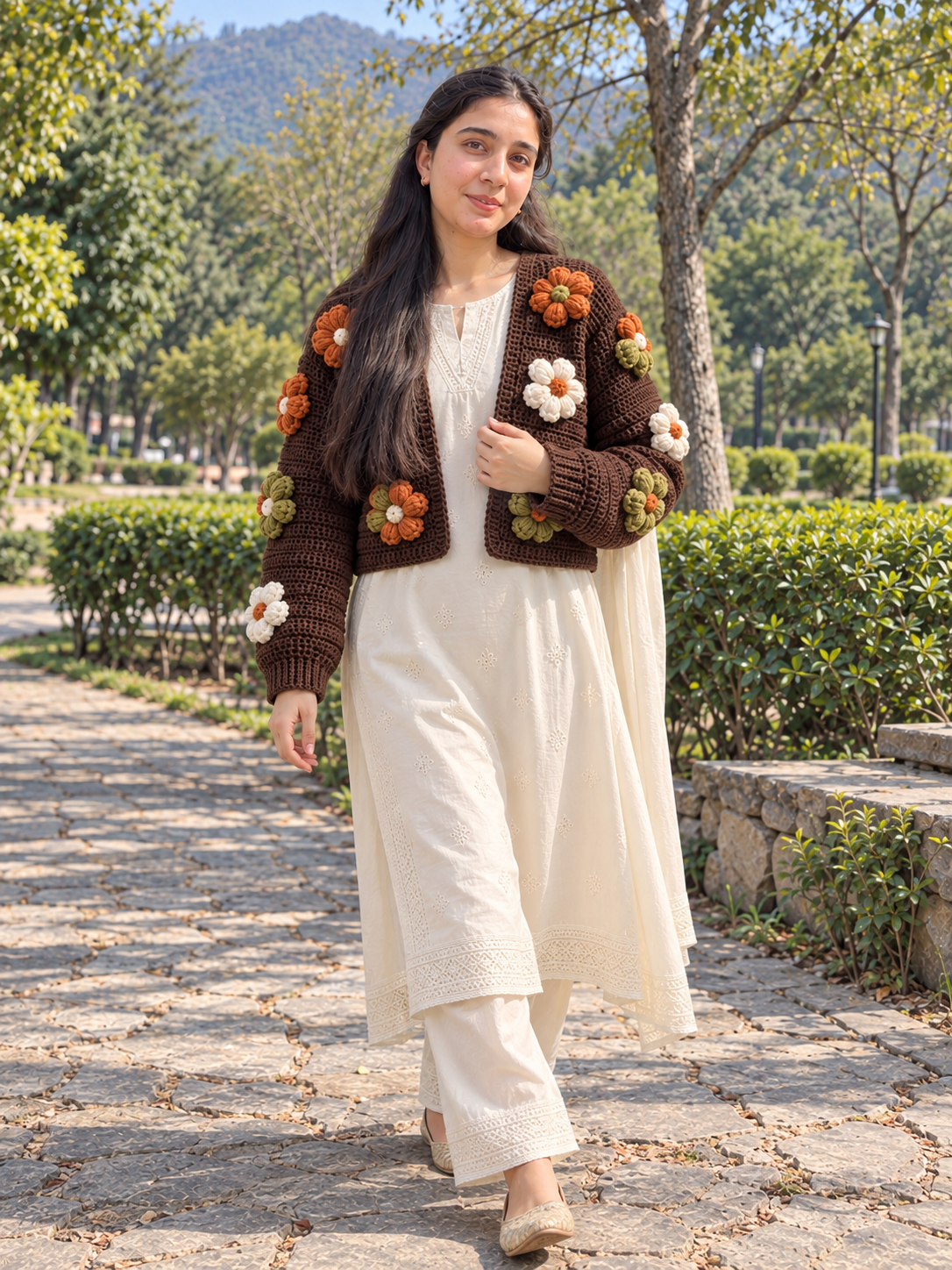 Handmade 3D Flower Crochet Cardigan view 2