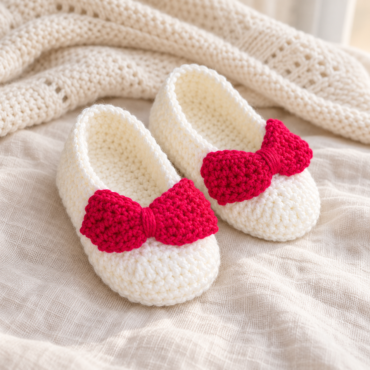 Handmade Crochet Baby Girl Shoes with Pink Bows view 2