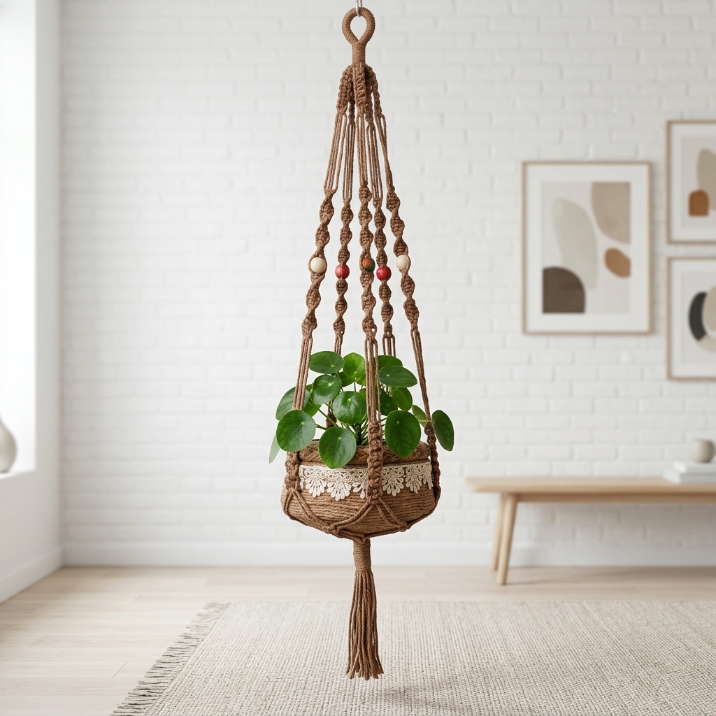 Handmade Macramé Hanging Basket with Optional Plant