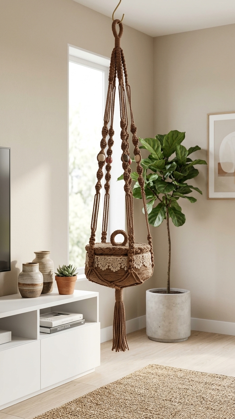 Handmade Crochet & Jute Hanging Basket view 2