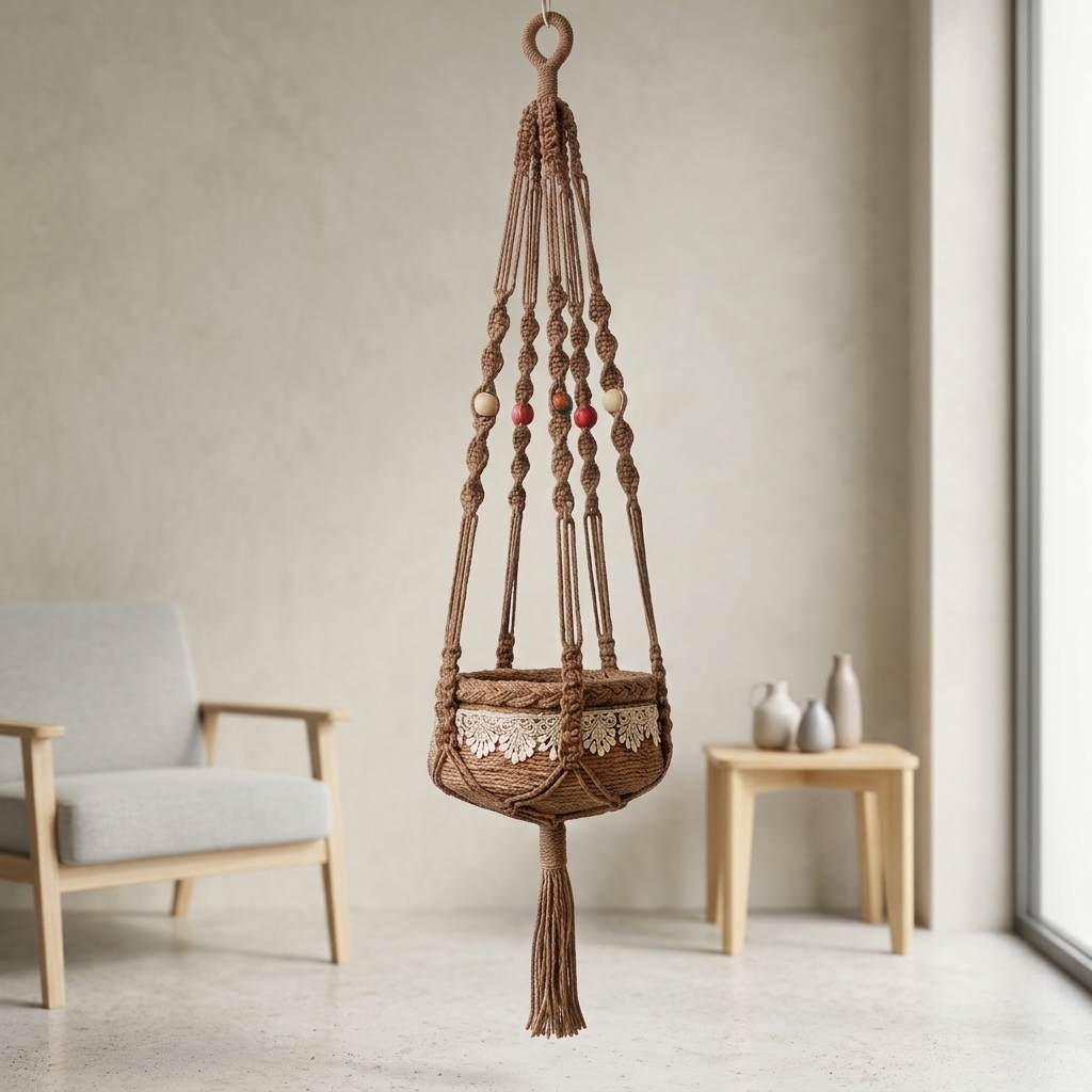 Handmade Crochet & Jute Hanging Basket view 4