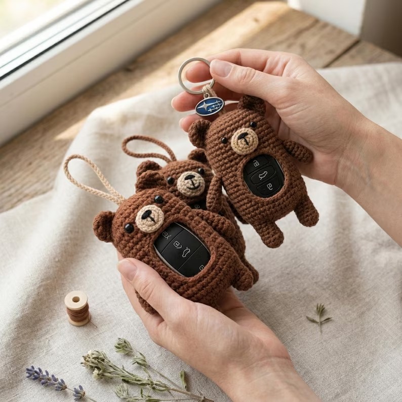 Handmade Crochet Brown Bear Key Fob Cover view 2