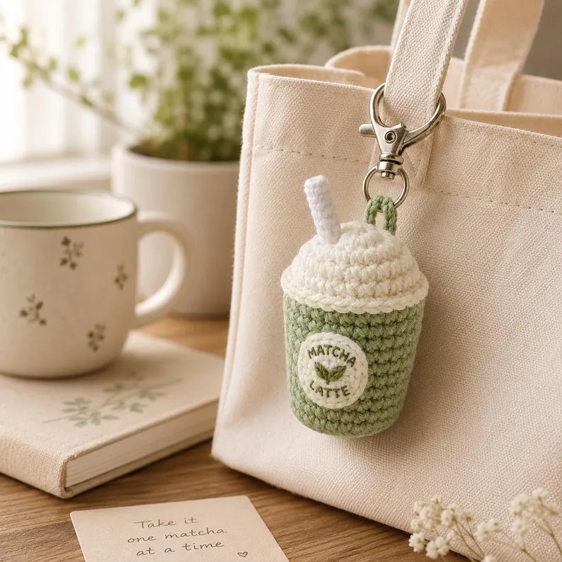 Crochet Matcha Latte Bag Charm