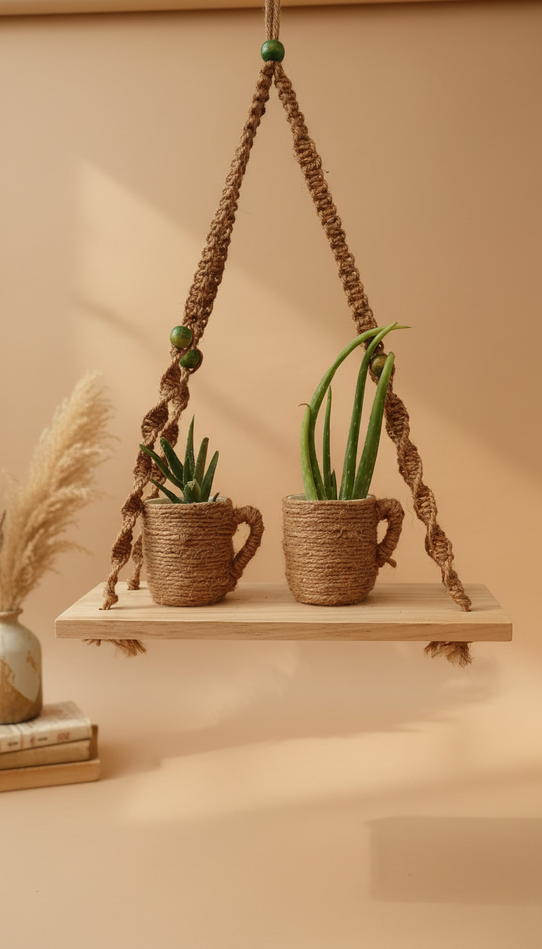 Macramé Hanging Plant Shelf with Rope-Wrapped Planters view 9
