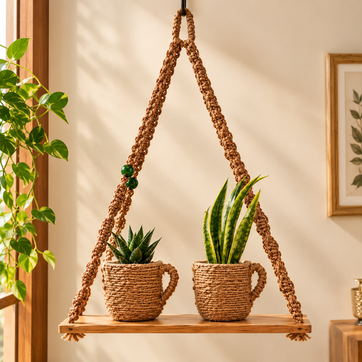 Macramé Hanging Plant Shelf with Rope-Wrapped Planters view 3