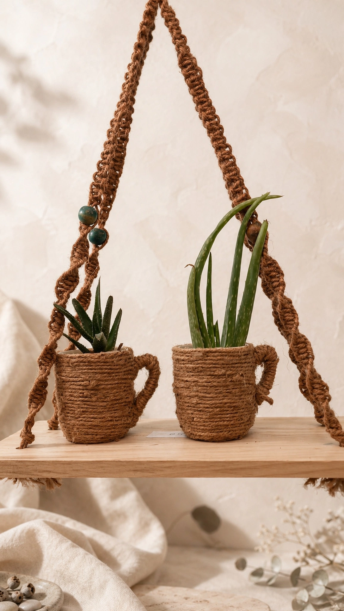 Macramé Hanging Plant Shelf with Rope-Wrapped Planters view 10