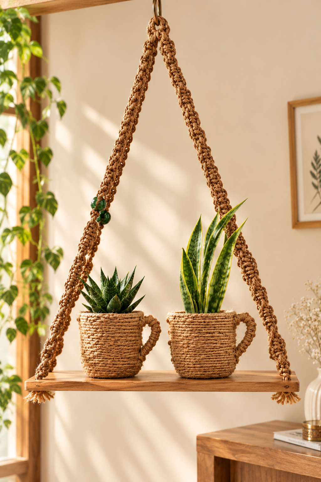 Macramé Hanging Plant Shelf with Rope-Wrapped Planters view 2