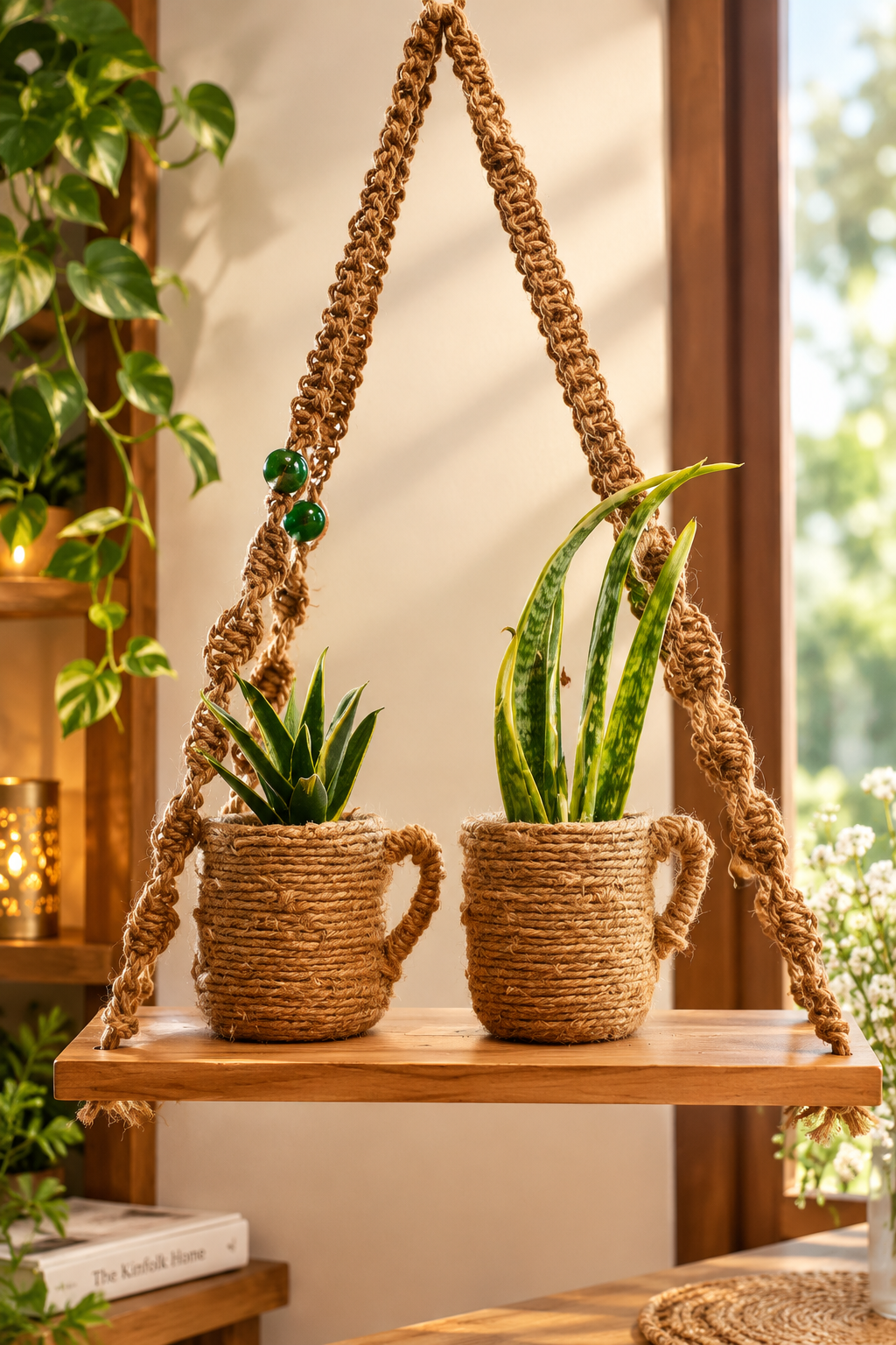 Macramé Hanging Plant Shelf with Rope-Wrapped Planters view 8