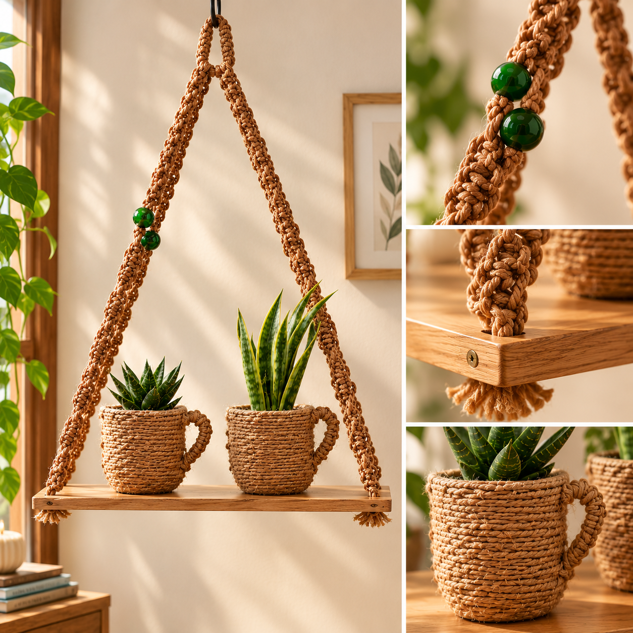 Macramé Hanging Plant Shelf with Rope-Wrapped Planters view 4