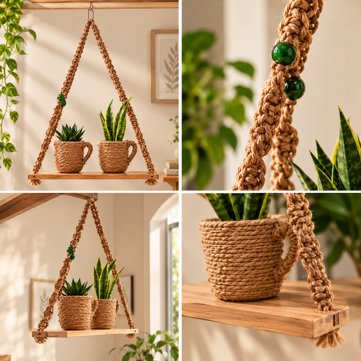 Macramé Hanging Plant Shelf with Rope-Wrapped Planters view 6
