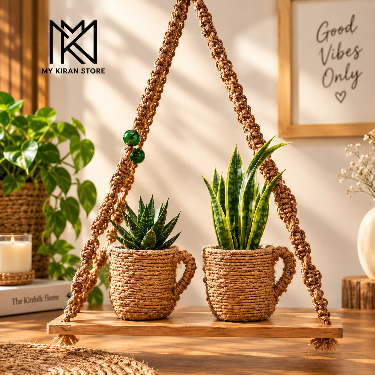 Macramé Hanging Plant Shelf with Rope-Wrapped Planters view 7